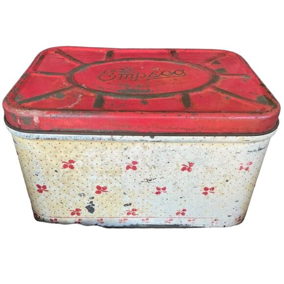 Metal Bread Box Tin Vtg Empeco MCM Red White Hinged Floral Rustic Primitive Farm - Picture 1 of 12